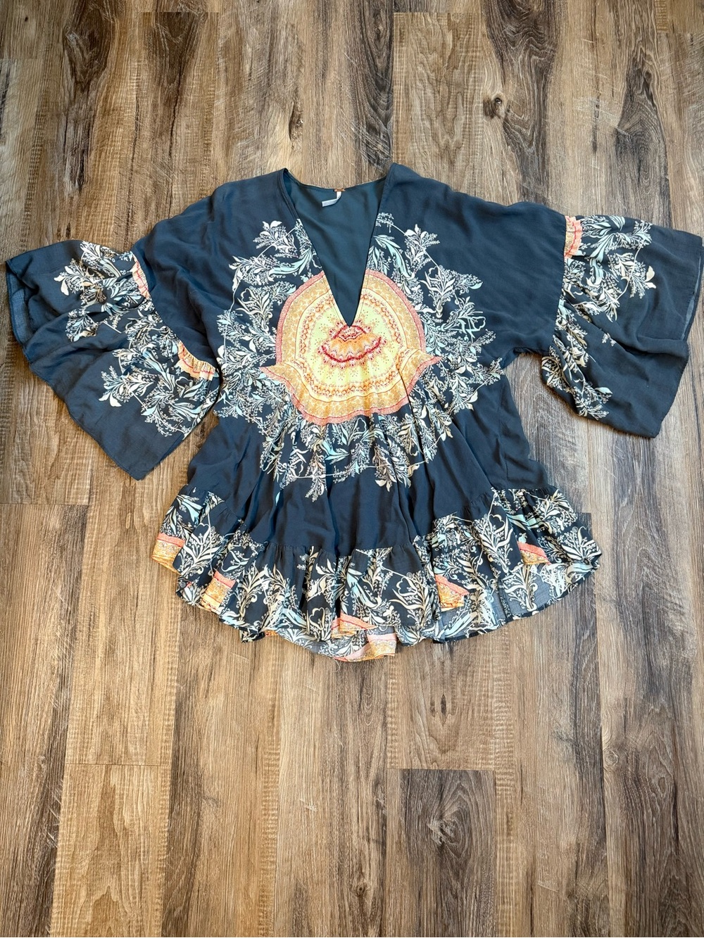 Free People Bohemian Floral Print Bell Sleeve Peasant Top - Grey & Orange